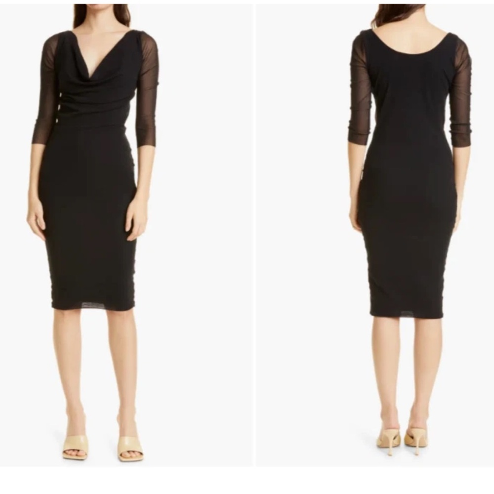NEW NWT FUZZI Black Draped Cowl Neck Sheer 3/4 Sleeve Mesh Bodycon Dress
